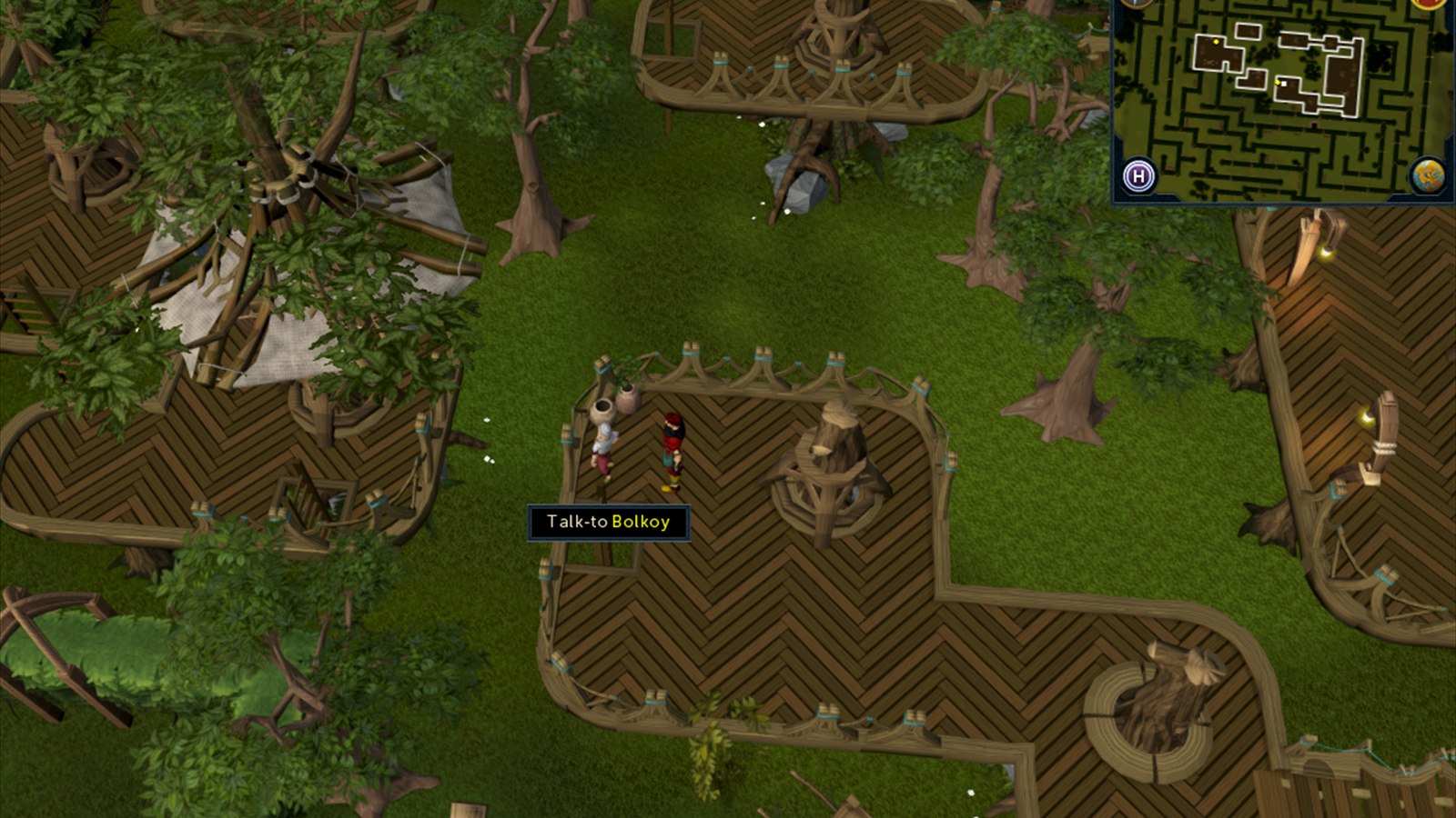 A player following a Treasure Trail clue through the Tree Gnome Village
