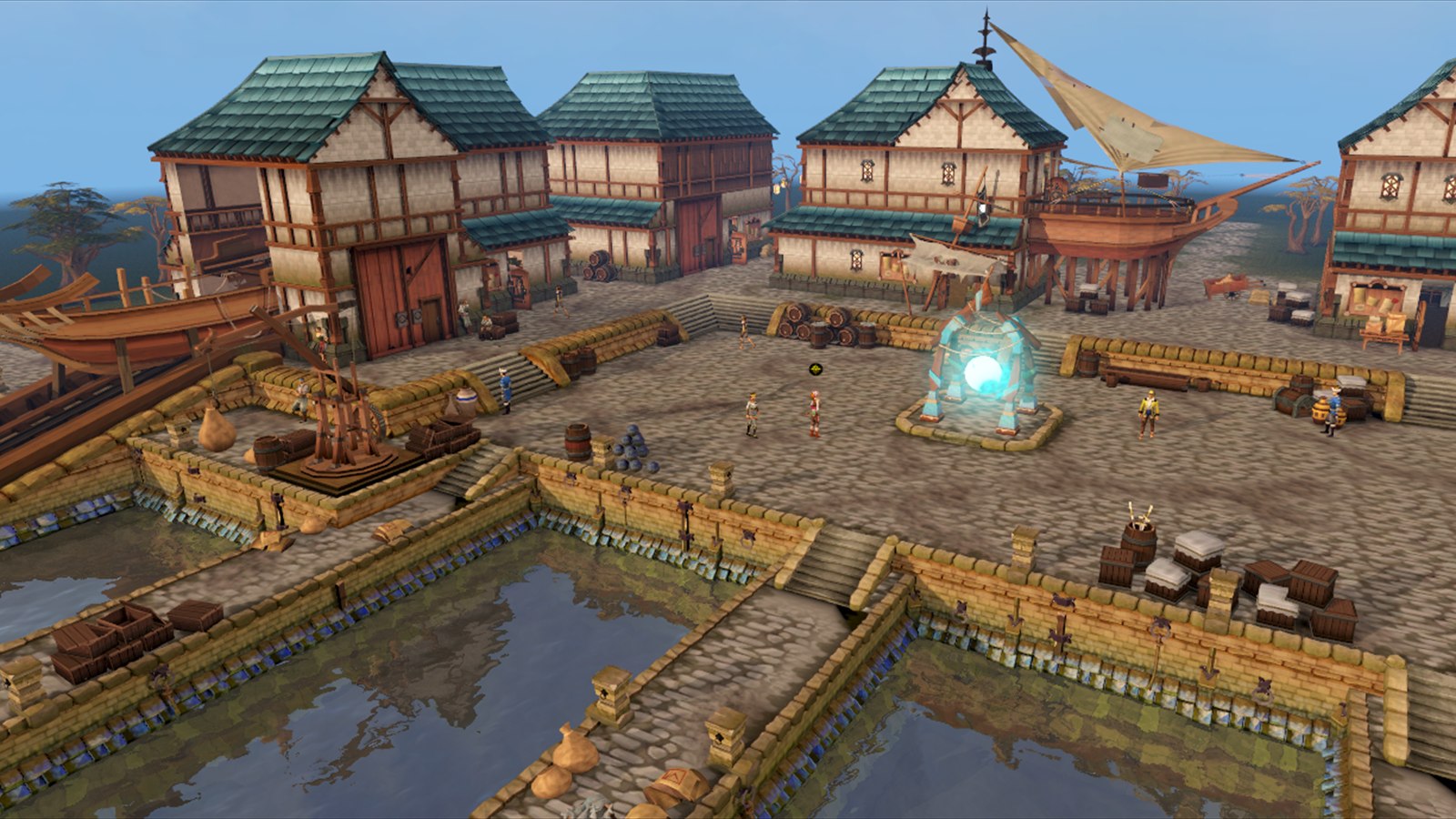 A high-detail view across the Player-Owned Ports harbour and its ships