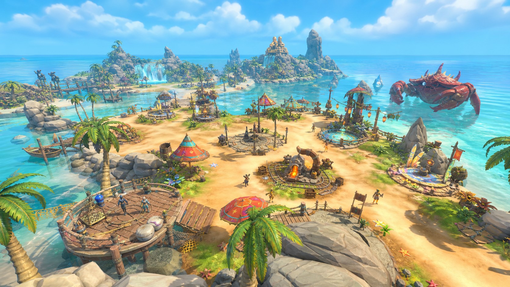 A bright Velheim summer island with skilling stations and Clawdia offshore